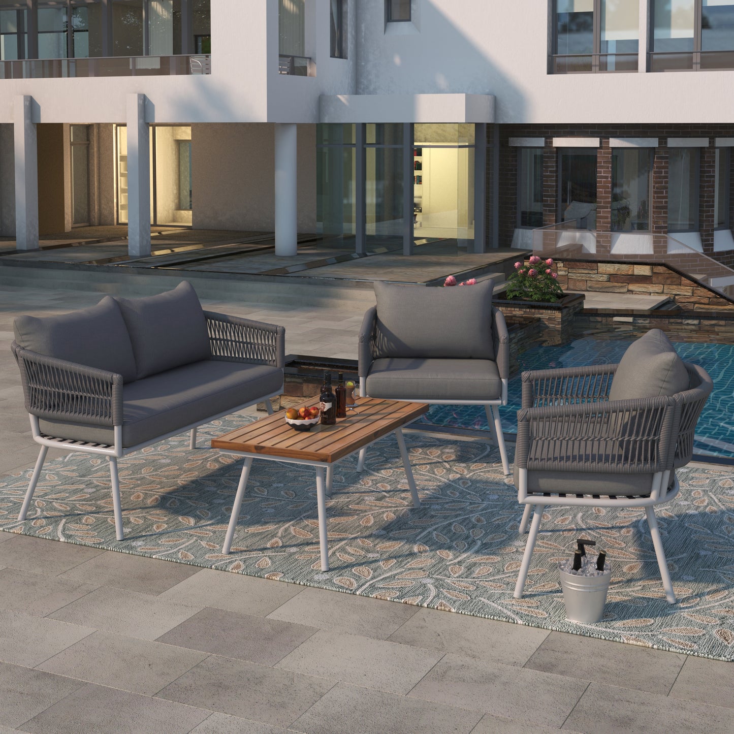 4-Piece Boho Rope Patio Furniture Set, Outdoor Furniture with Acacia Wood Table, Patio Conversation Set with Deep Seating & Thick Cushion for Backyard Porch Balcony, Grey