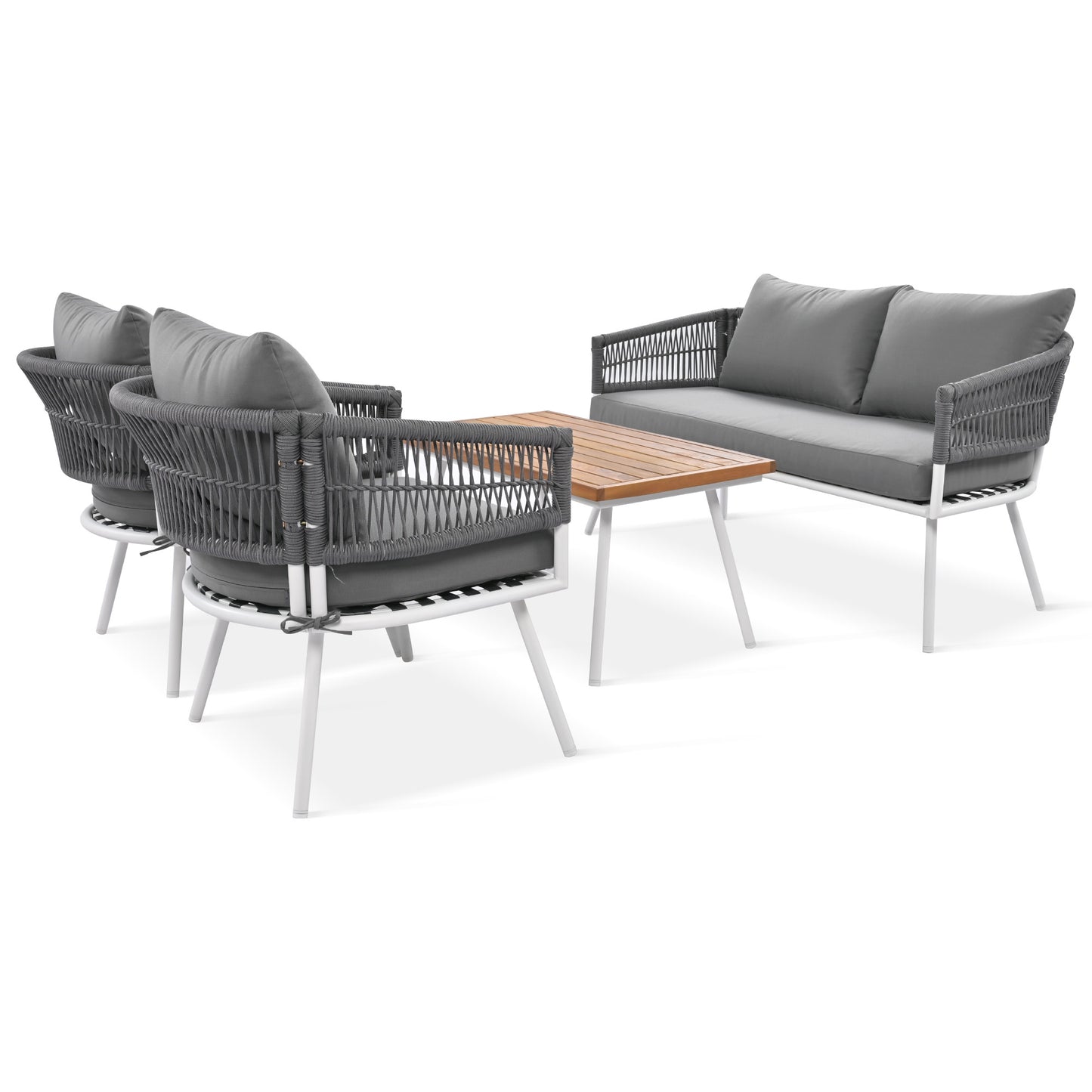 4-Piece Boho Rope Patio Furniture Set, Outdoor Furniture with Acacia Wood Table, Patio Conversation Set with Deep Seating & Thick Cushion for Backyard Porch Balcony, Grey