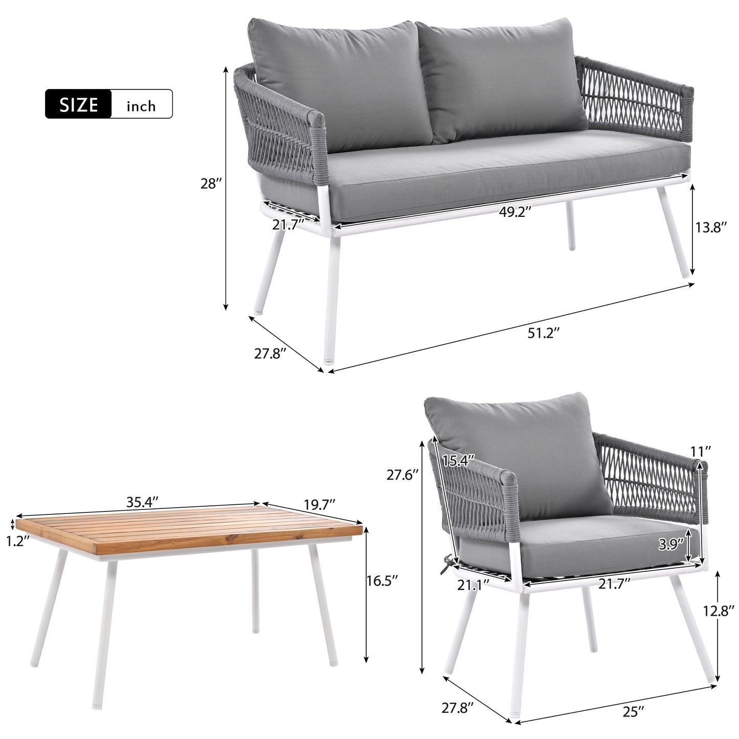 4-Piece Boho Rope Patio Furniture Set, Outdoor Furniture with Acacia Wood Table, Patio Conversation Set with Deep Seating & Thick Cushion for Backyard Porch Balcony, Grey