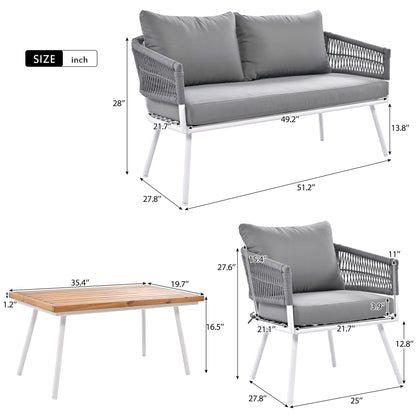 4-Piece Boho Rope Patio Furniture Set, Outdoor Furniture with Acacia Wood Table, Patio Conversation Set with Deep Seating & Thick Cushion for Backyard Porch Balcony, Grey