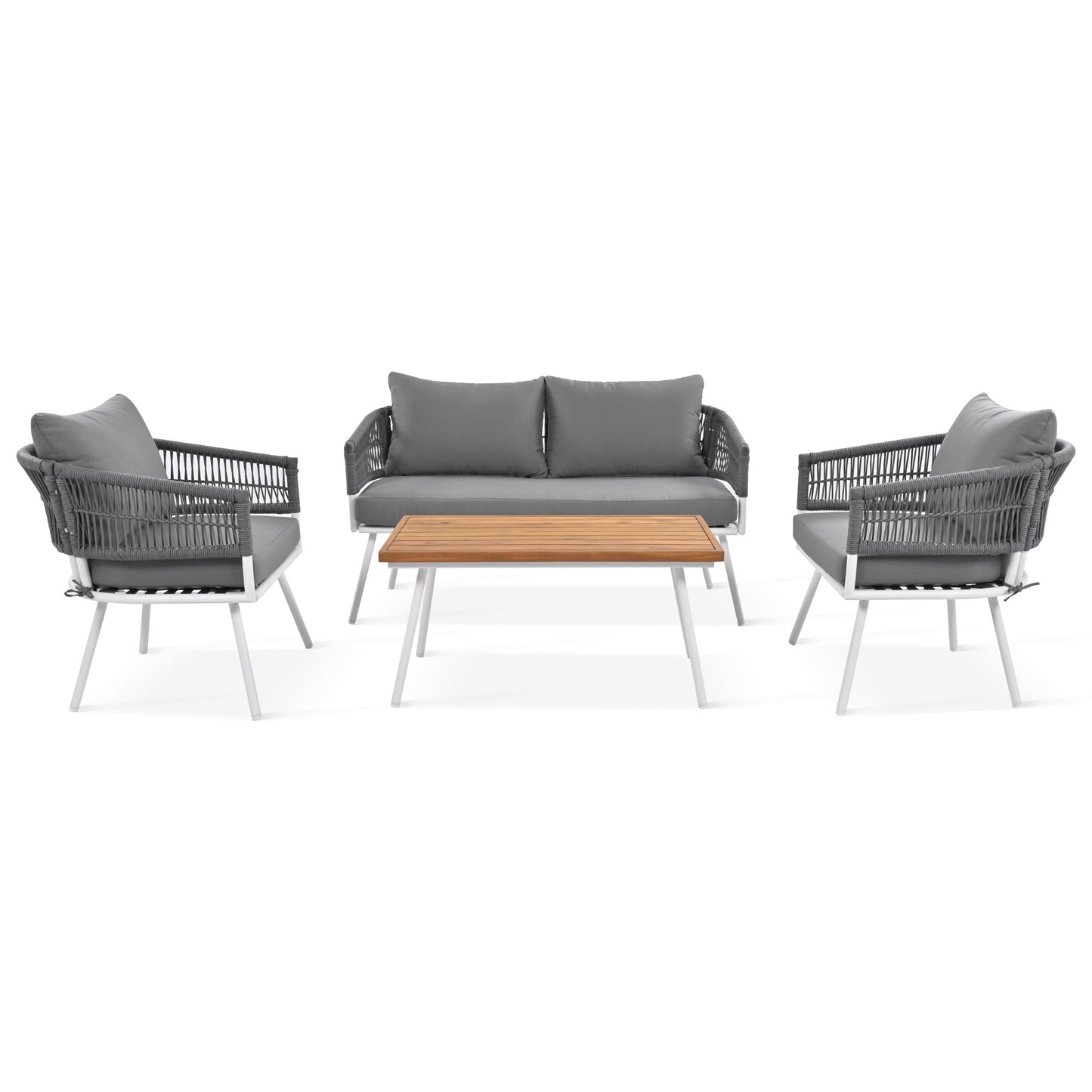 4-Piece Boho Rope Patio Furniture Set, Outdoor Furniture with Acacia Wood Table, Patio Conversation Set with Deep Seating & Thick Cushion for Backyard Porch Balcony, Grey