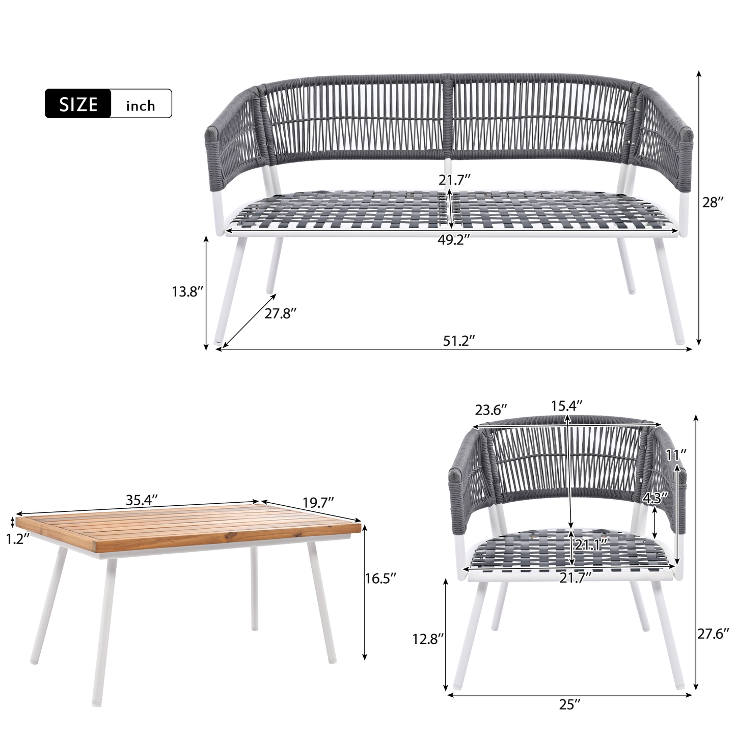 4-Piece Boho Rope Patio Furniture Set, Outdoor Furniture with Acacia Wood Table, Patio Conversation Set with Deep Seating & Thick Cushion for Backyard Porch Balcony, Grey