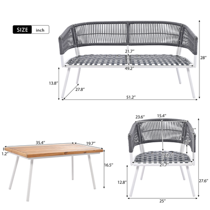 4-Piece Boho Rope Patio Furniture Set, Outdoor Furniture with Acacia Wood Table, Patio Conversation Set with Deep Seating & Thick Cushion for Backyard Porch Balcony, Grey