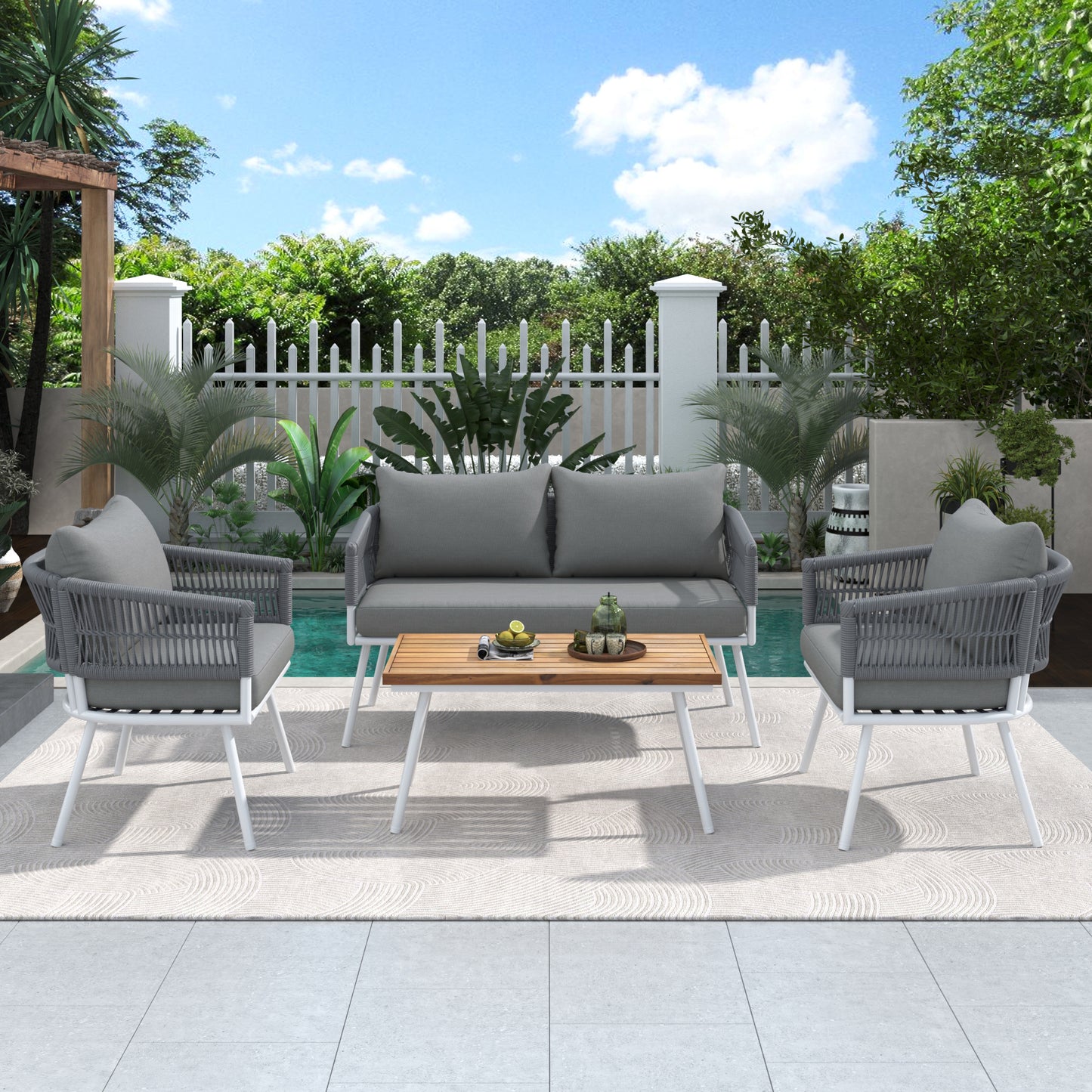 4-Piece Boho Rope Patio Furniture Set, Outdoor Furniture with Acacia Wood Table, Patio Conversation Set with Deep Seating & Thick Cushion for Backyard Porch Balcony, Grey