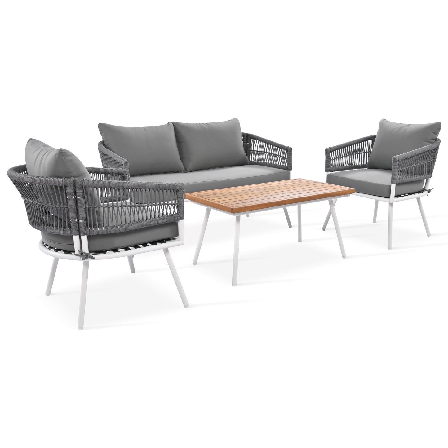 4-Piece Boho Rope Patio Furniture Set, Outdoor Furniture with Acacia Wood Table, Patio Conversation Set with Deep Seating & Thick Cushion for Backyard Porch Balcony, Grey