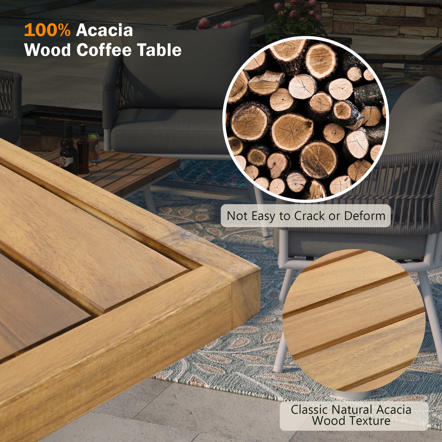 4-Piece Boho Rope Patio Furniture Set, Outdoor Furniture with Acacia Wood Table, Patio Conversation Set with Deep Seating & Thick Cushion for Backyard Porch Balcony, Grey