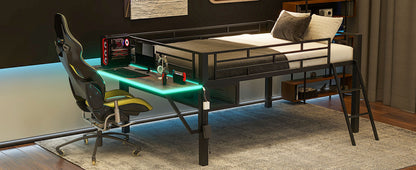 Gaming mid loft bed with desk, LED, Full, Black