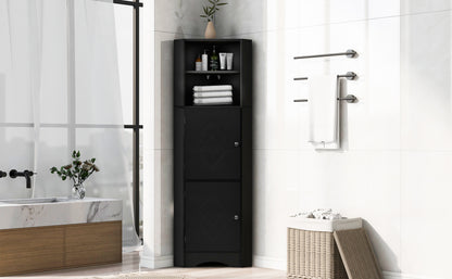 Tall Bathroom Corner Cabinet, Freestanding Storage Cabinet with Doors and Adjustable Shelves, MDF Board, Black