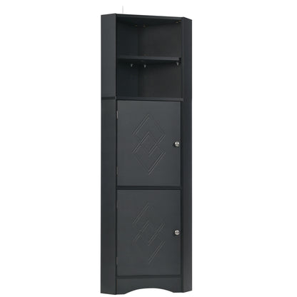 Tall Bathroom Corner Cabinet, Freestanding Storage Cabinet with Doors and Adjustable Shelves, MDF Board, Black