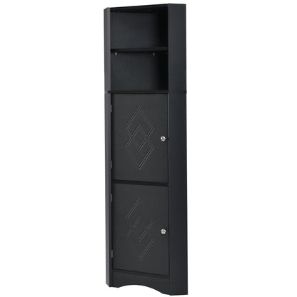 Tall Bathroom Corner Cabinet, Freestanding Storage Cabinet with Doors and Adjustable Shelves, MDF Board, Black
