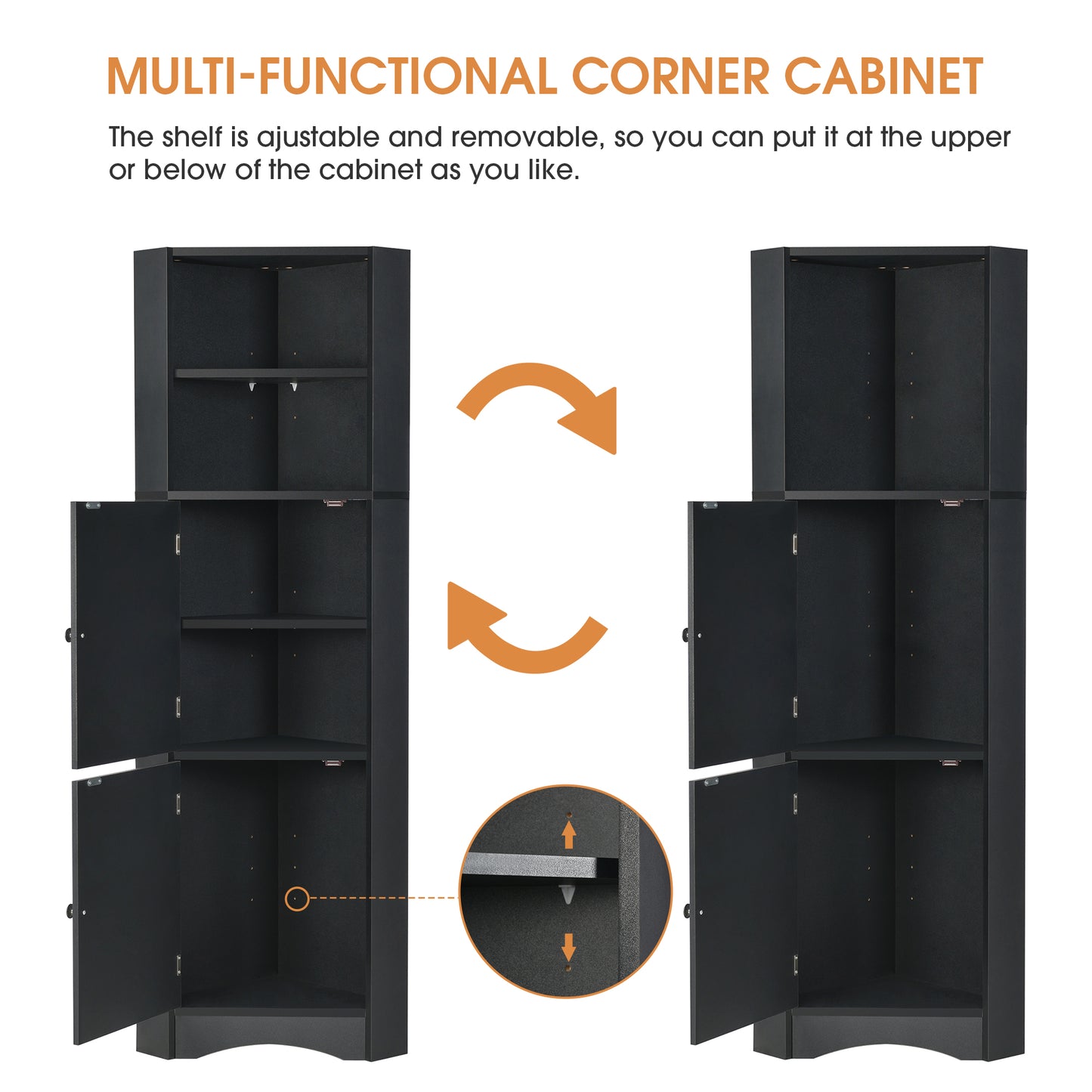 Tall Bathroom Corner Cabinet, Freestanding Storage Cabinet with Doors and Adjustable Shelves, MDF Board, Black