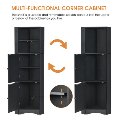 Tall Bathroom Corner Cabinet, Freestanding Storage Cabinet with Doors and Adjustable Shelves, MDF Board, Black