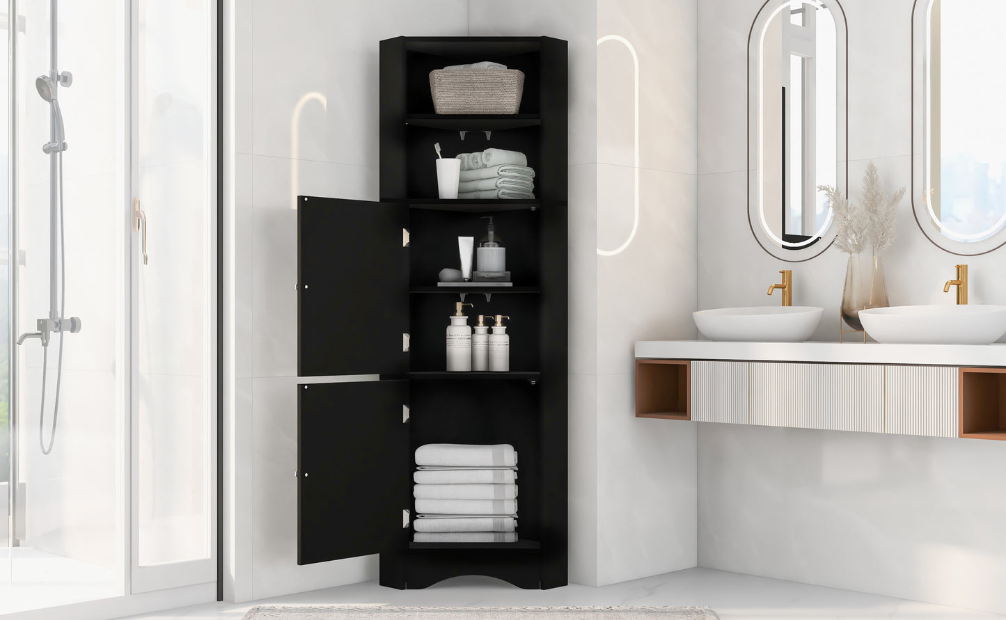 Tall Bathroom Corner Cabinet, Freestanding Storage Cabinet with Doors and Adjustable Shelves, MDF Board, Black