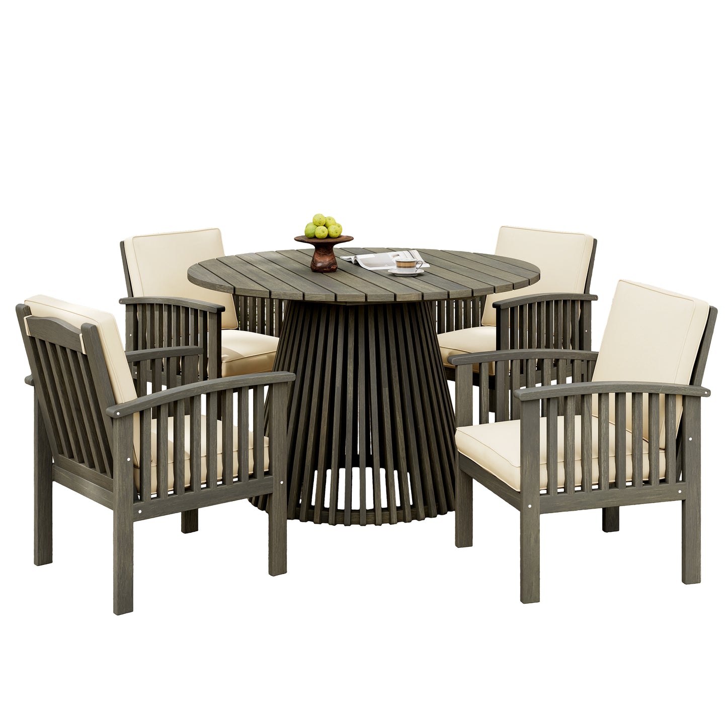 Patio Set Outdoor Acacia Wood Furniture Sets-Modern Club Chair Conversation Sets with Patio Dining Table for Garden, Patio & Deck (Grey Finish+Cream Cushion)