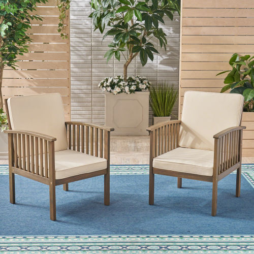 Patio Set Outdoor Acacia Wood Furniture Sets-Modern Club Chair Conversation Sets with Patio Dining Table for Garden, Patio & Deck (Grey Finish+Cream Cushion)