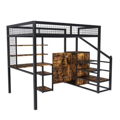 Full-Size Loft Bed w/Desk & Wardrobe - Heavy Metal Frame, Built-In Staircase, Storage Rack & Shelves - Gaming Bed for Adults/Teens (Black) - Computer Desk w/USB & Outlet (Black)