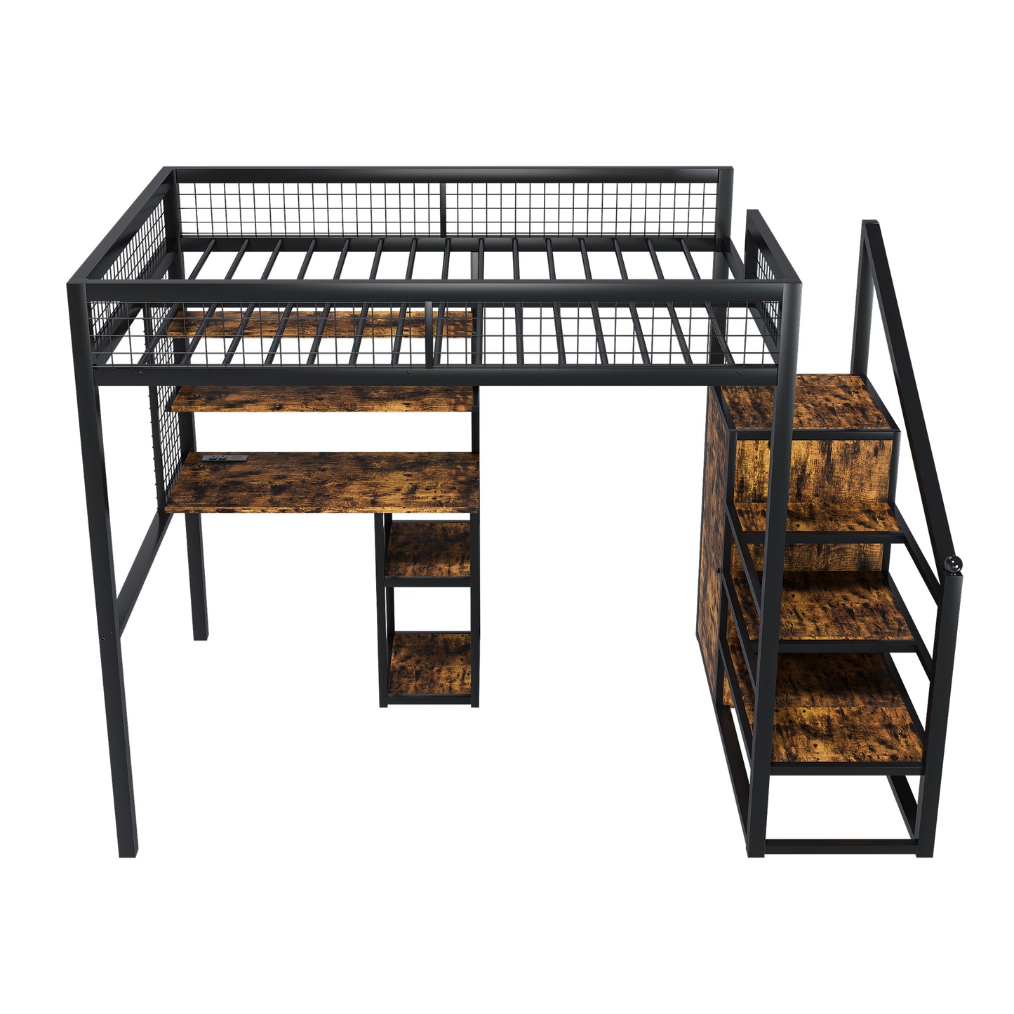 Full-Size Loft Bed w/Desk & Wardrobe - Heavy Metal Frame, Built-In Staircase, Storage Rack & Shelves - Gaming Bed for Adults/Teens (Black) - Computer Desk w/USB & Outlet (Black)