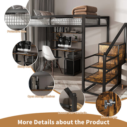 Full-Size Loft Bed w/Desk & Wardrobe - Heavy Metal Frame, Built-In Staircase, Storage Rack & Shelves - Gaming Bed for Adults/Teens (Black) - Computer Desk w/USB & Outlet (Black)