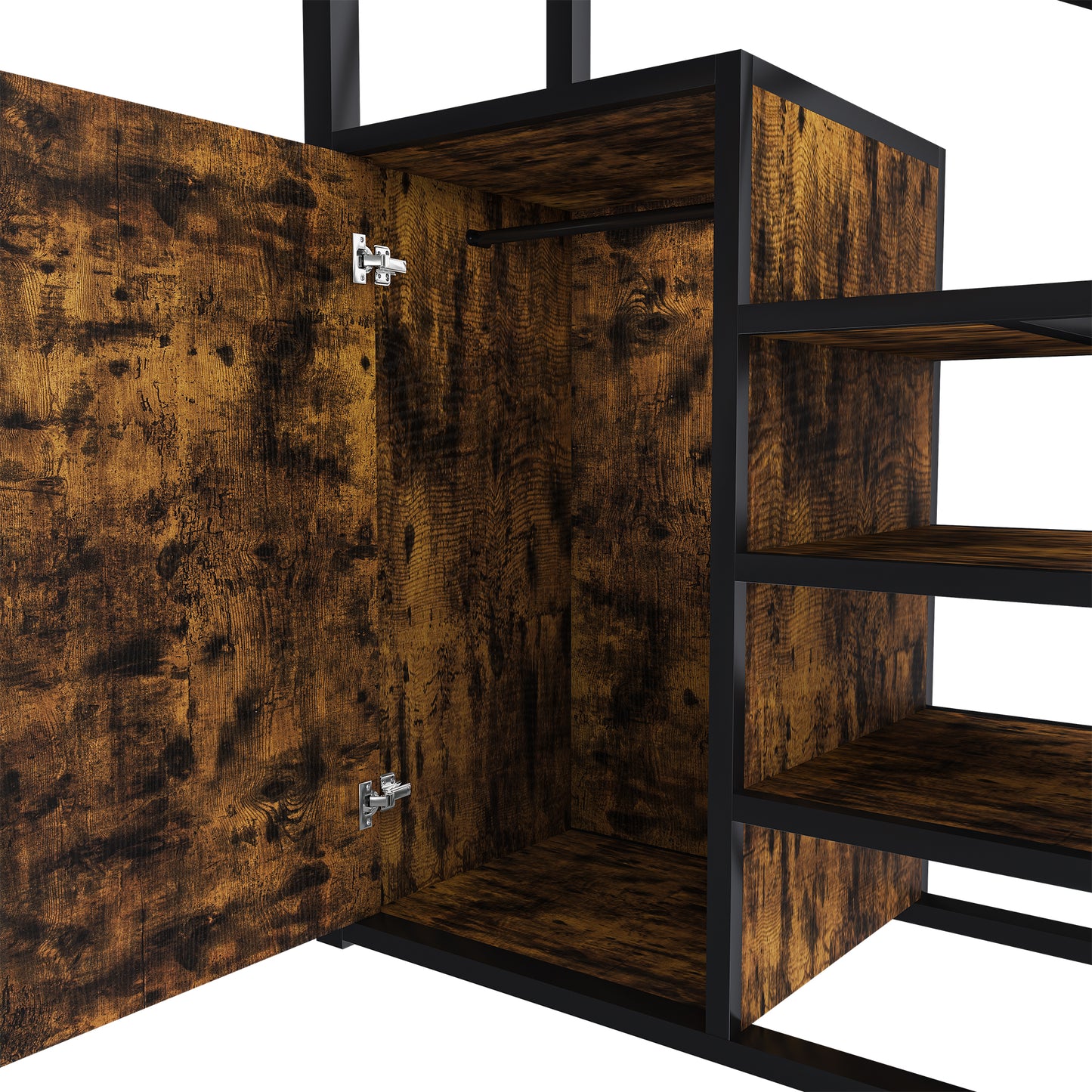 Full-Size Loft Bed w/Desk & Wardrobe - Heavy Metal Frame, Built-In Staircase, Storage Rack & Shelves - Gaming Bed for Adults/Teens (Black) - Computer Desk w/USB & Outlet (Black)