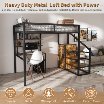 Full-Size Loft Bed w/Desk & Wardrobe - Heavy Metal Frame, Built-In Staircase, Storage Rack & Shelves - Gaming Bed for Adults/Teens (Black) - Computer Desk w/USB & Outlet (Black)