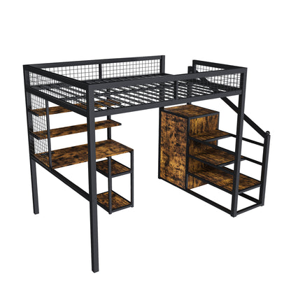 Full-Size Loft Bed w/Desk & Wardrobe - Heavy Metal Frame, Built-In Staircase, Storage Rack & Shelves - Gaming Bed for Adults/Teens (Black) - Computer Desk w/USB & Outlet (Black)