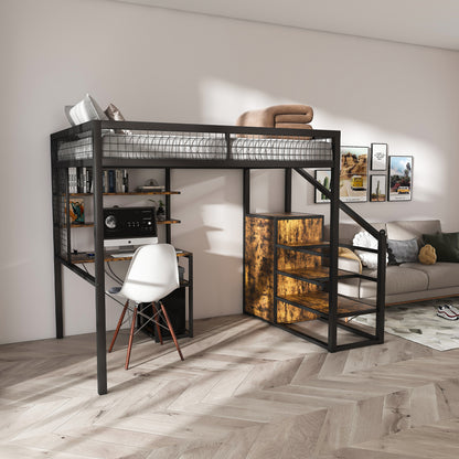 Full-Size Loft Bed w/Desk & Wardrobe - Heavy Metal Frame, Built-In Staircase, Storage Rack & Shelves - Gaming Bed for Adults/Teens (Black) - Computer Desk w/USB & Outlet (Black)