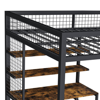 Full-Size Loft Bed w/Desk & Wardrobe - Heavy Metal Frame, Built-In Staircase, Storage Rack & Shelves - Gaming Bed for Adults/Teens (Black) - Computer Desk w/USB & Outlet (Black)