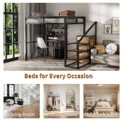Full-Size Loft Bed w/Desk & Wardrobe - Heavy Metal Frame, Built-In Staircase, Storage Rack & Shelves - Gaming Bed for Adults/Teens (Black) - Computer Desk w/USB & Outlet (Black)