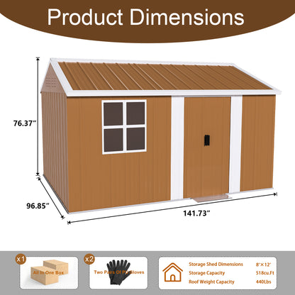 12x8 FT Heavy-Duty Metal Storage Shed with Windows, Lockable Door & Ventilation - Weatherproof Outdoor Garden Shed for Backyard, Lawn, and Tool Organization