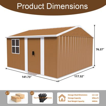 12x10 FT Heavy-Duty Metal Storage Shed with Windows, Lockable Door & Ventilation - Weatherproof Outdoor Garden Shed for Backyard, Lawn, and Tool Organization