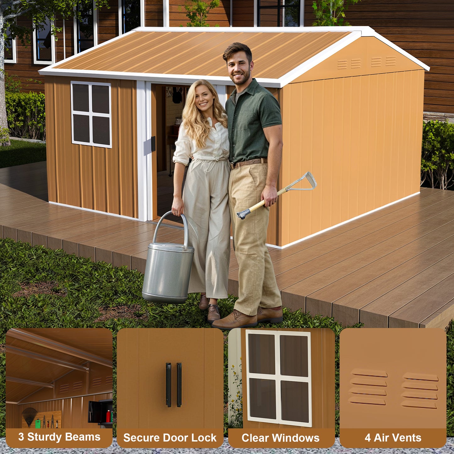 12x10 FT Heavy-Duty Metal Storage Shed with Windows, Lockable Door & Ventilation - Weatherproof Outdoor Garden Shed for Backyard, Lawn, and Tool Organization