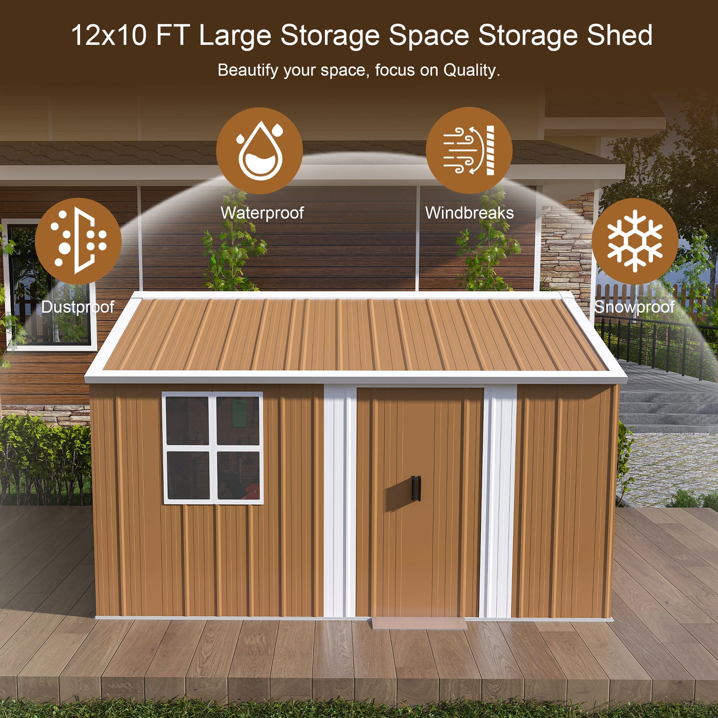 12x10 FT Heavy-Duty Metal Storage Shed with Windows, Lockable Door & Ventilation - Weatherproof Outdoor Garden Shed for Backyard, Lawn, and Tool Organization