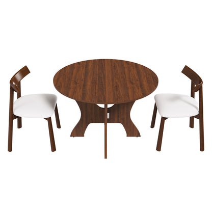 43 in Folding Dining Table Set with 2 Chairs, MDF Table with Walnut Veneer & Solid Wood PU Chairs, Space Saving Foldable Kitchen Set for Indoor and Outdoor Use