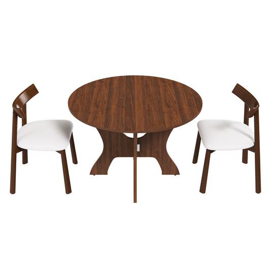 43 in Folding Dining Table Set with 2 Chairs, MDF Table with Walnut Veneer & Solid Wood PU Chairs, Space Saving Foldable Kitchen Set for Indoor and Outdoor Use