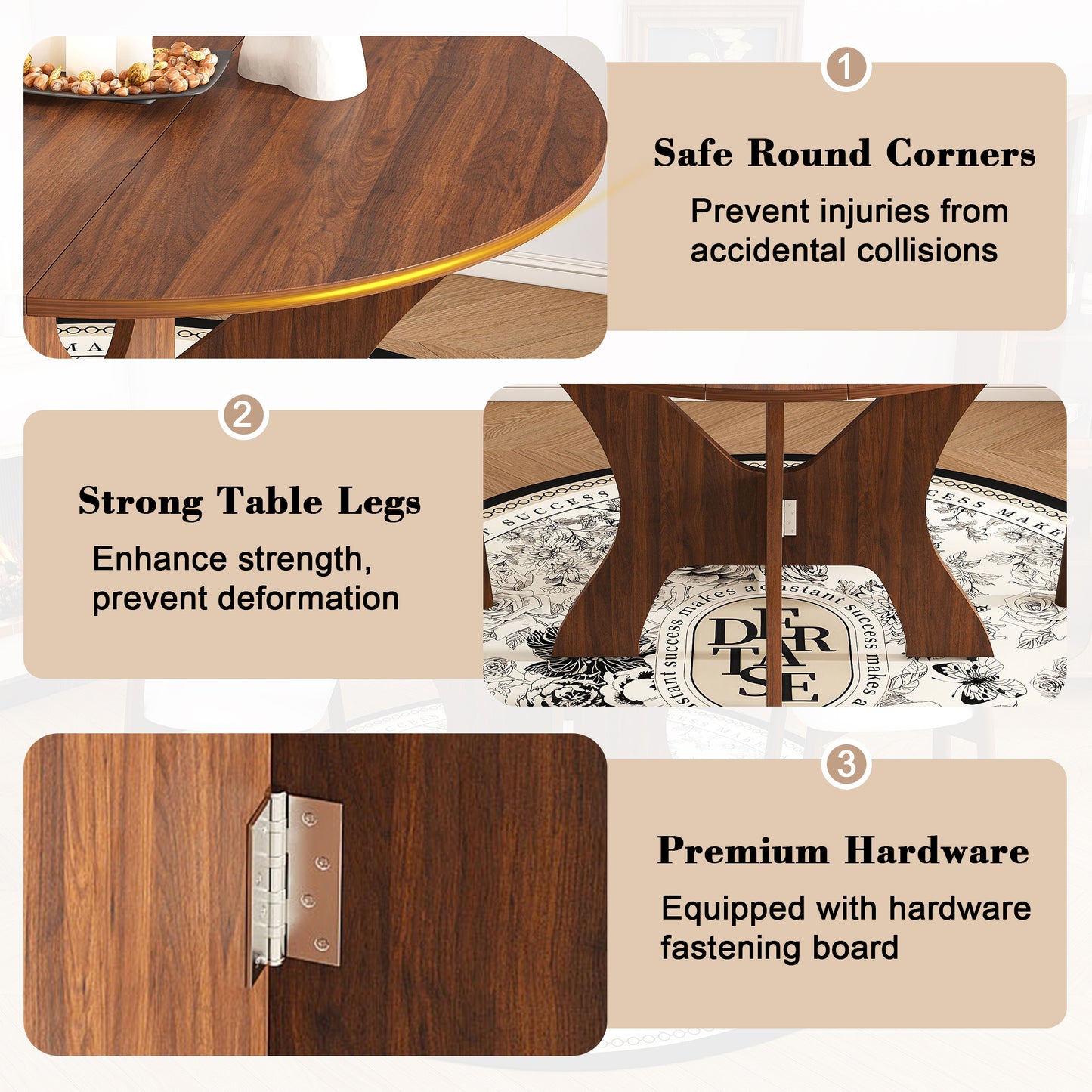 43 in Folding Dining Table Set with 2 Chairs, MDF Table with Walnut Veneer & Solid Wood PU Chairs, Space Saving Foldable Kitchen Set for Indoor and Outdoor Use