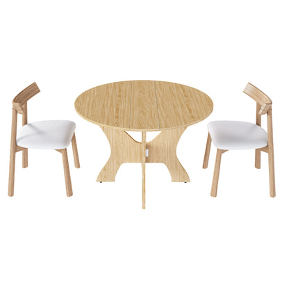 43 in Folding Dining Table Set with 2 Chairs, MDF Table with Wild Oak Veneer & Solid Wood PU Chairs, Space Saving Foldable Kitchen Set for Indoor and Outdoor Us