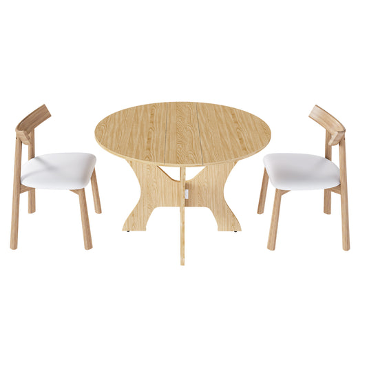 43 in Folding Dining Table Set with 2 Chairs, MDF Table with Wild Oak Veneer & Solid Wood PU Chairs, Space Saving Foldable Kitchen Set for Indoor and Outdoor Us