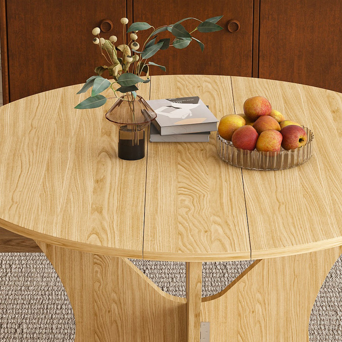 43 in Folding Dining Table Set with 2 Chairs, MDF Table with Wild Oak Veneer & Solid Wood PU Chairs, Space Saving Foldable Kitchen Set for Indoor and Outdoor Us