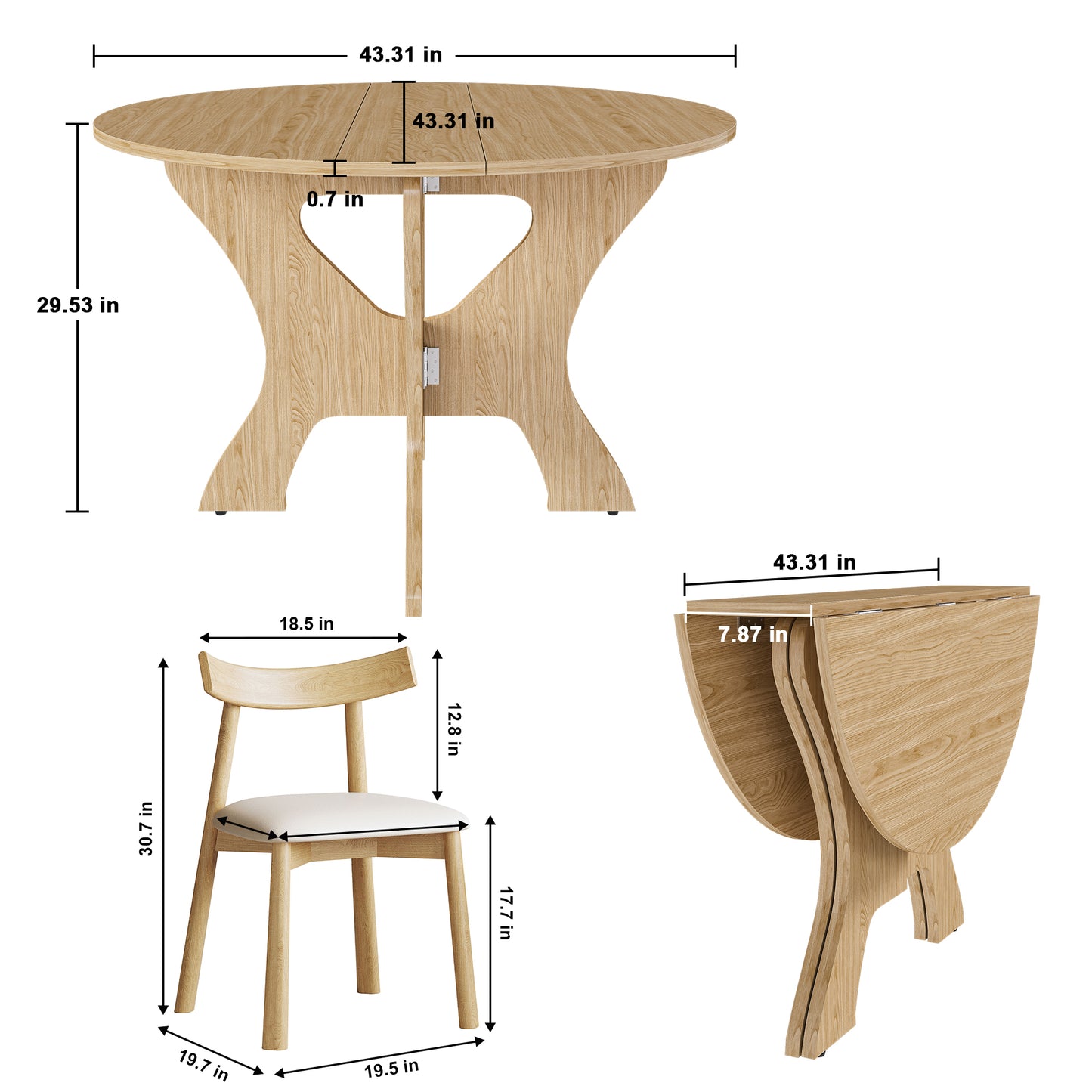 43 in Folding Dining Table Set with 2 Chairs, MDF Table with Wild Oak Veneer & Solid Wood PU Chairs, Space Saving Foldable Kitchen Set for Indoor and Outdoor Us