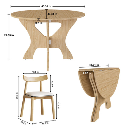 43 in Folding Dining Table Set with 2 Chairs, MDF Table with Wild Oak Veneer & Solid Wood PU Chairs, Space Saving Foldable Kitchen Set for Indoor and Outdoor Us