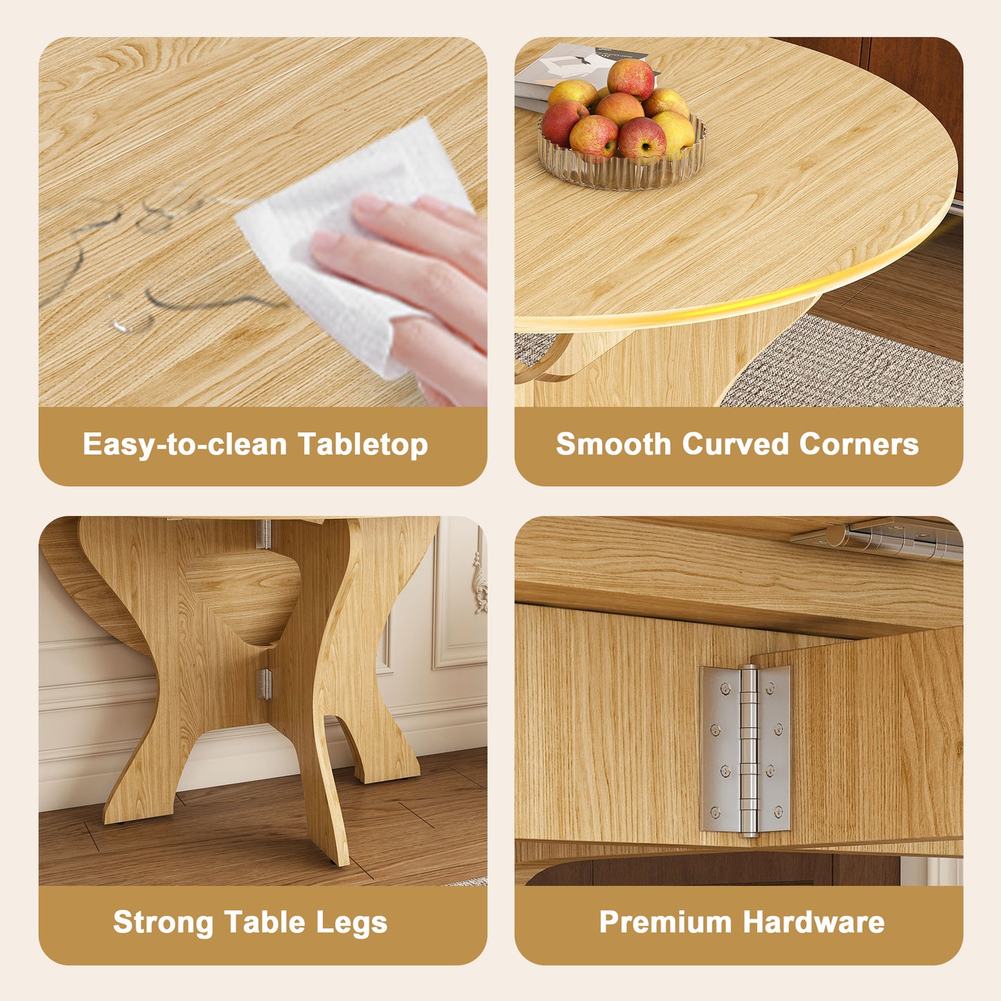 43 in Folding Dining Table Set with 2 Chairs, MDF Table with Wild Oak Veneer & Solid Wood PU Chairs, Space Saving Foldable Kitchen Set for Indoor and Outdoor Us