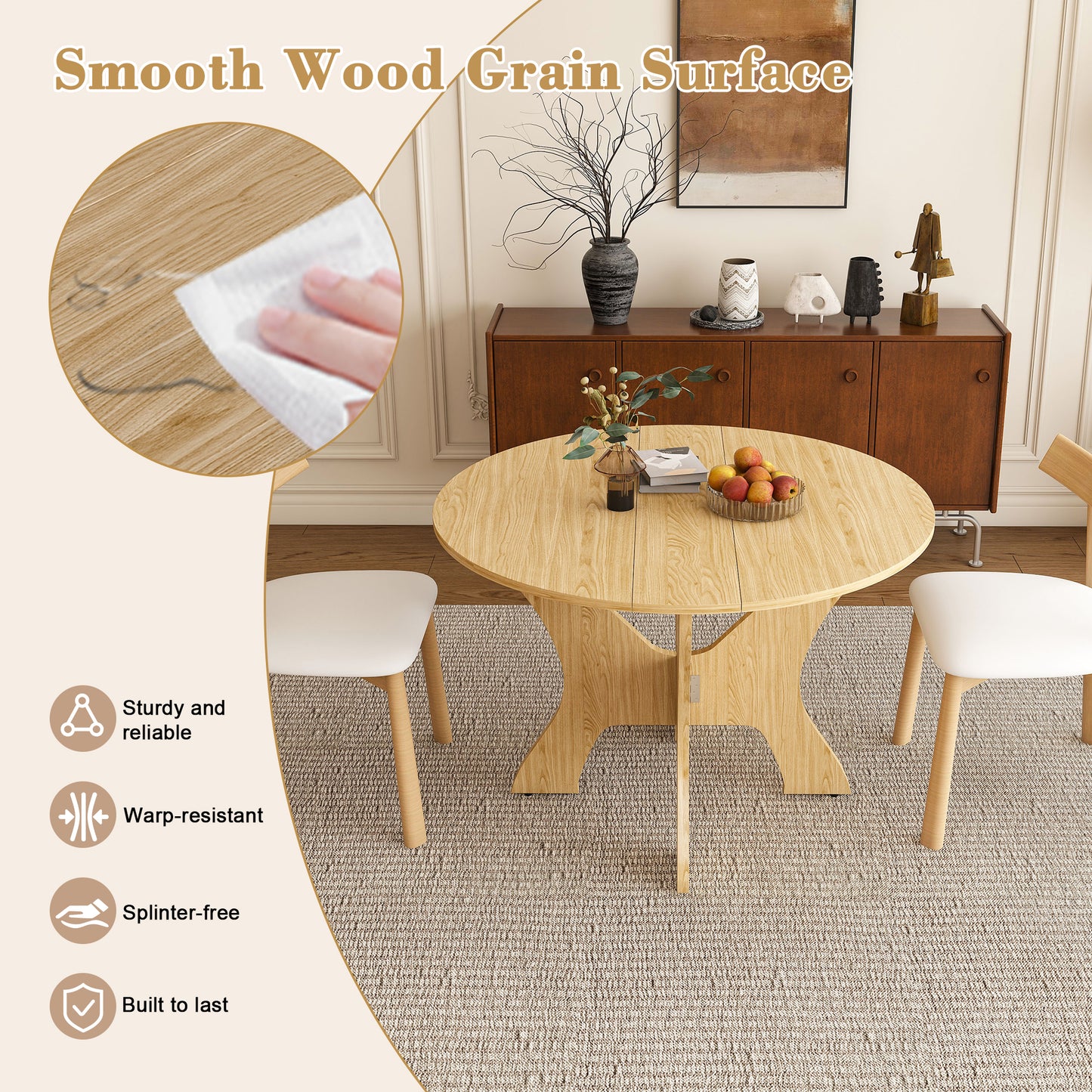 43 in Folding Dining Table Set with 2 Chairs, MDF Table with Wild Oak Veneer & Solid Wood PU Chairs, Space Saving Foldable Kitchen Set for Indoor and Outdoor Us