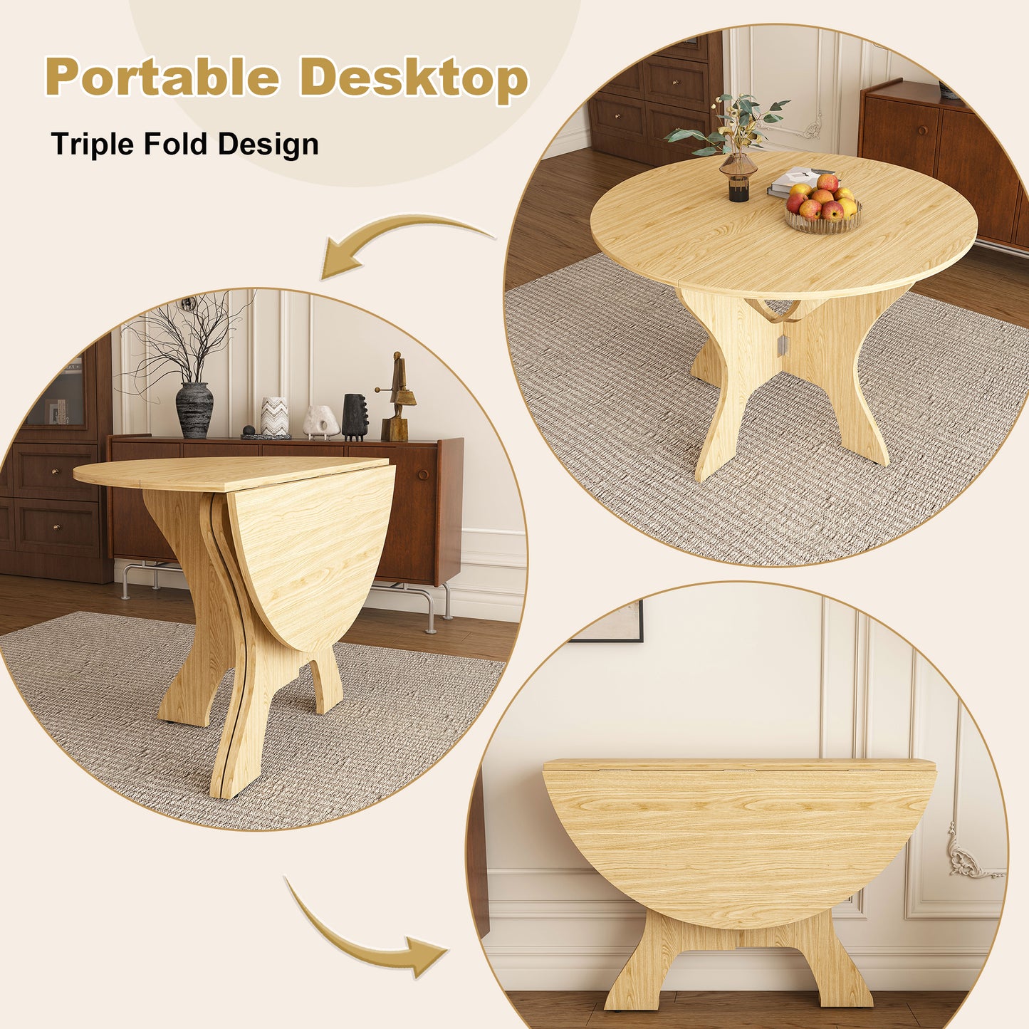 43 in Folding Dining Table Set with 2 Chairs, MDF Table with Wild Oak Veneer & Solid Wood PU Chairs, Space Saving Foldable Kitchen Set for Indoor and Outdoor Us