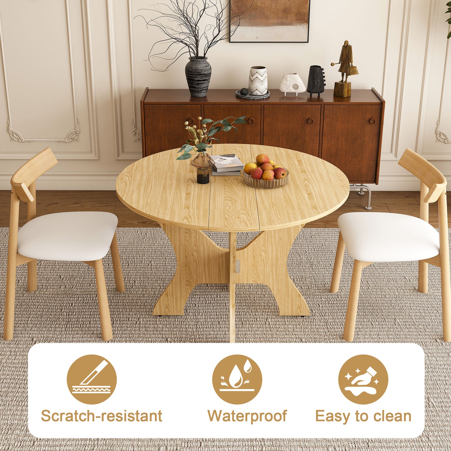 43 in Folding Dining Table Set with 2 Chairs, MDF Table with Wild Oak Veneer & Solid Wood PU Chairs, Space Saving Foldable Kitchen Set for Indoor and Outdoor Us