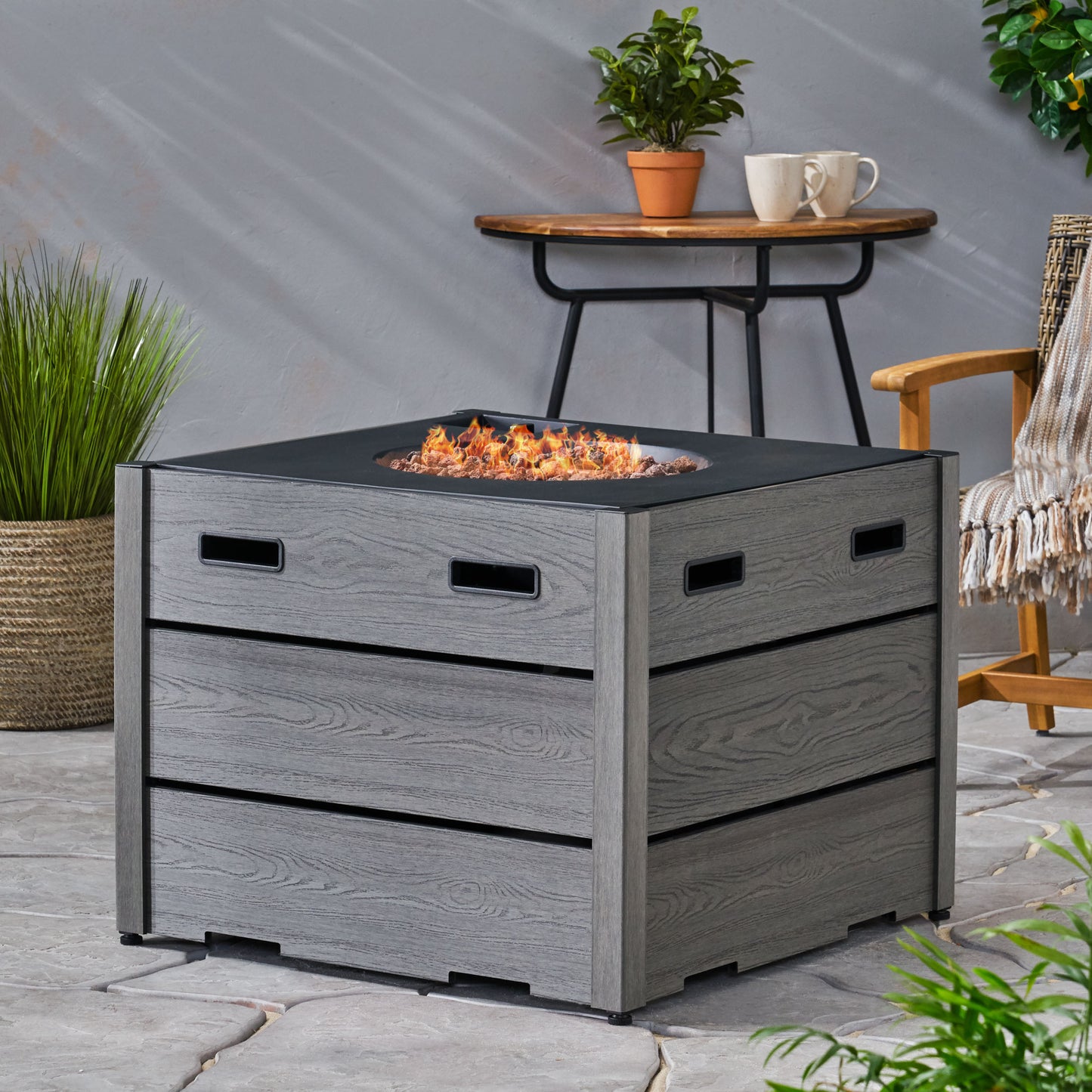 Outdoor 31" WPC Base Square Propane Fire Pit - 40,000 BTU, Grey