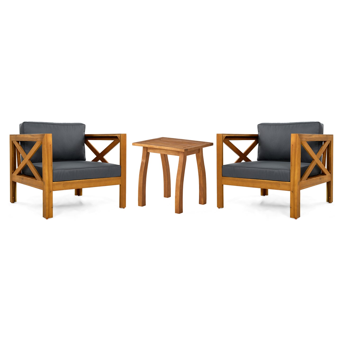 Patio Conversation Set, Outdoor Wood Leisure Seat(Set of 2),Armchair with Cushions,Selma Acacia Wood End Table ,Teak Finish,Dark Grey cushion