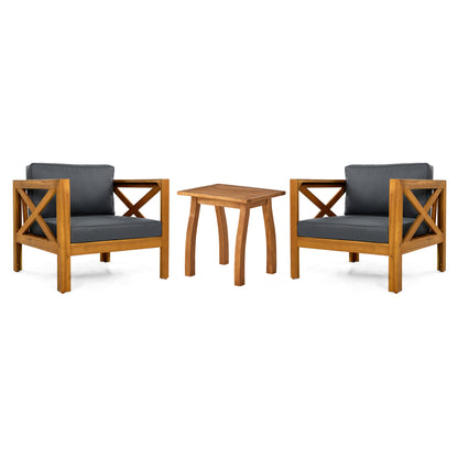 Patio Conversation Set, Outdoor Wood Leisure Seat(Set of 2),Armchair with Cushions,Selma Acacia Wood End Table ,Teak Finish,Dark Grey cushion