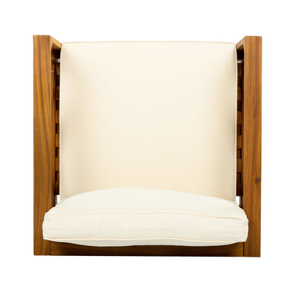 Patio Conversation Set, Outdoor Wood Leisure Seat(Set of 2),Armchair with Cushions,Selma Acacia Wood End Table ,Teak Finish,Beige cushion