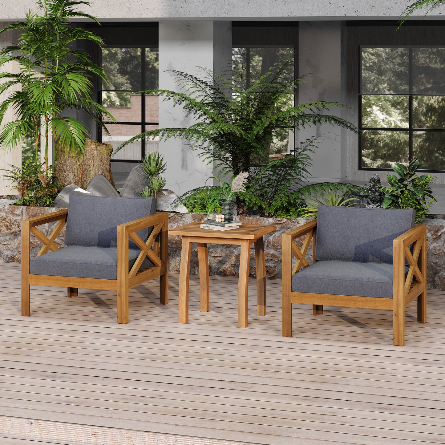 Patio Conversation Set, Outdoor Wood Leisure Seat(Set of 2),Armchair with Cushions,Selma Acacia Wood End Table ,Teak Finish,Dark Grey cushion