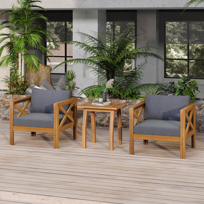 Patio Conversation Set, Outdoor Wood Leisure Seat(Set of 2),Armchair with Cushions,Selma Acacia Wood End Table ,Teak Finish,Dark Grey cushion